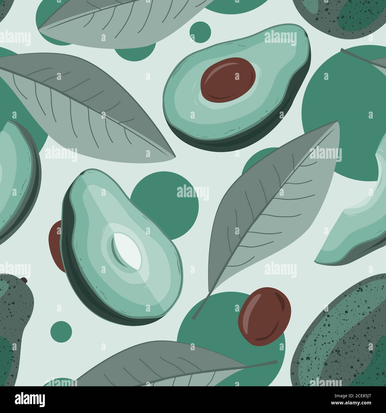 Avocado, metà avocado, e foglie di sfondo. Illustrazione vettoriale dell'avocado di frutta. Modello senza giunture Illustrazione Vettoriale