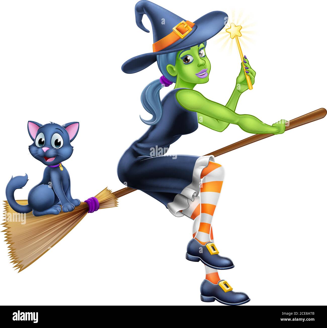 Personaggio di Witch Halloween Cartoon su un bastone Illustrazione Vettoriale