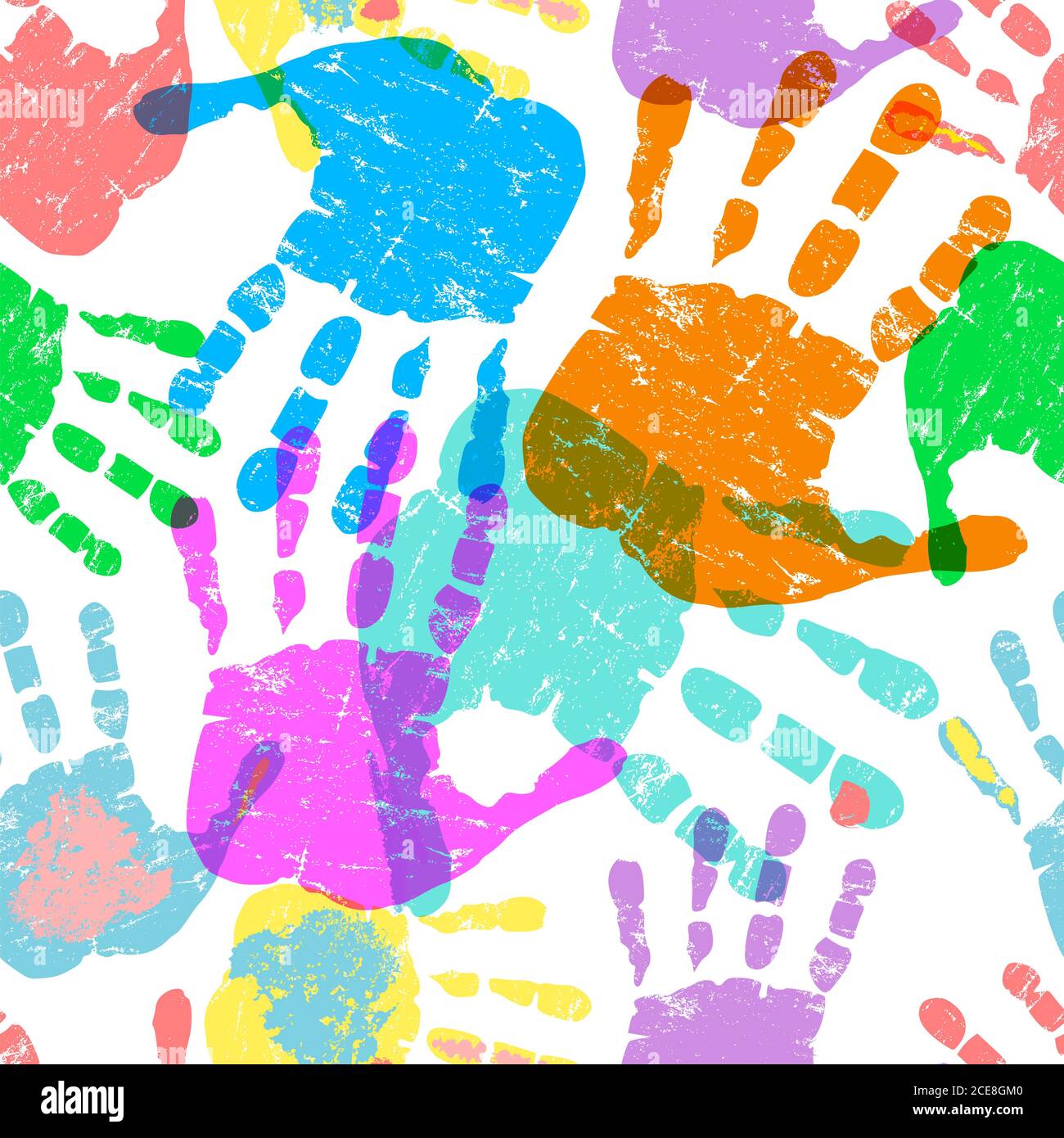 Stampe di mani multicolore, motivo senza giunture grugnoso con schizzi di vernice, illustrazione vettoriale Foto Stock