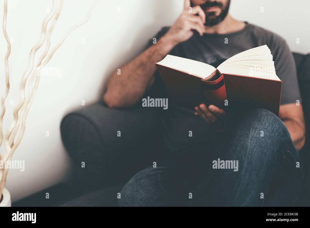 primo piano di uomo caucasico rilassarsi sul divano a casa lettura un libro Foto Stock