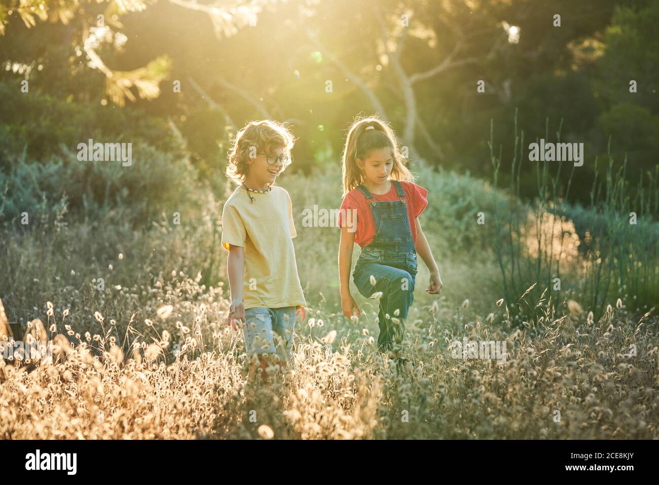 Amici ragazzini e ragazzini di dieci anni che camminano attraverso la campagna Una soleggiata giornata estiva in T-shirt e jeans Foto Stock