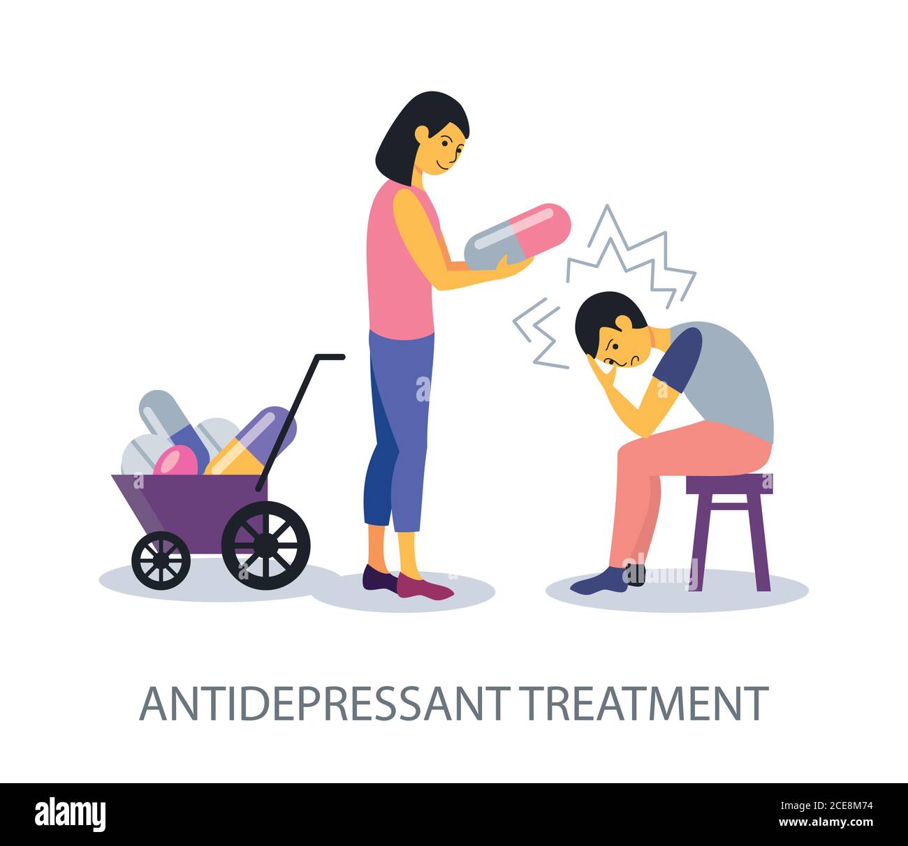 Concetto di trattamento antidepressivo su sfondo bianco, disegno piatto illustrazione vettoriale Illustrazione Vettoriale