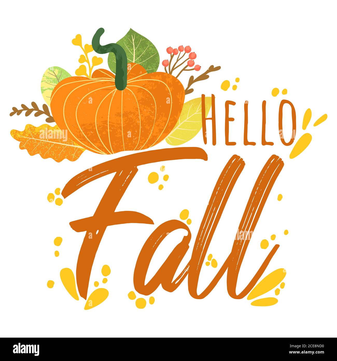 Hello Fall - citazioni tipografiche autunnali con elementi autunnali. Citazioni vettoriali con foglie di autumn, ramificazioni, zucca e bacche. Isolato su sfondo bianco Illustrazione Vettoriale