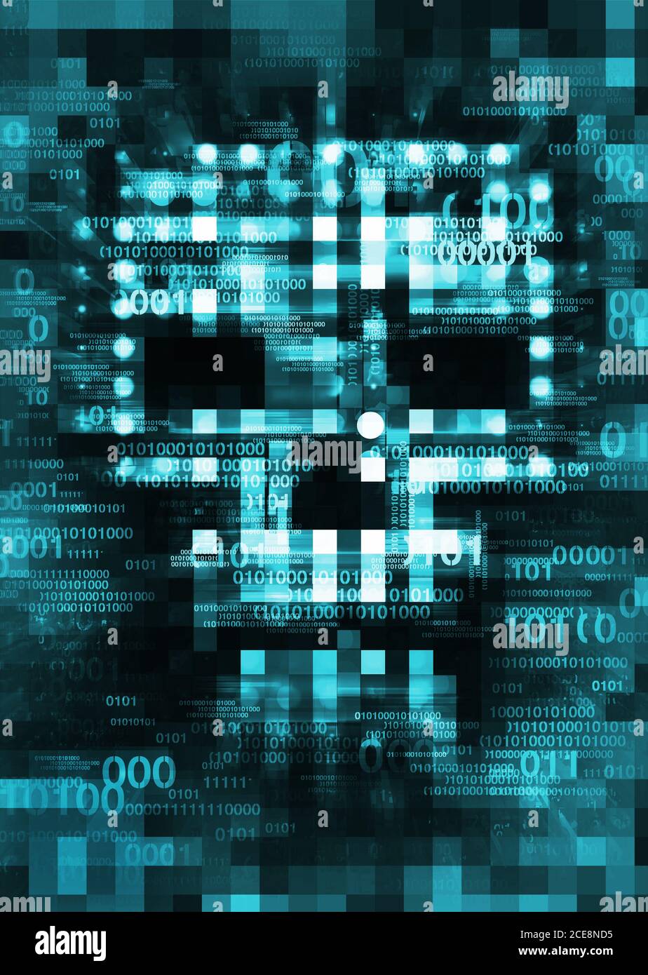 Pixel Skull, virus del computer, sfondo blu. Illustrazione del segno astratto cranio con codici binari distrutti. Web hacking. Concetto di pirateria online. Foto Stock