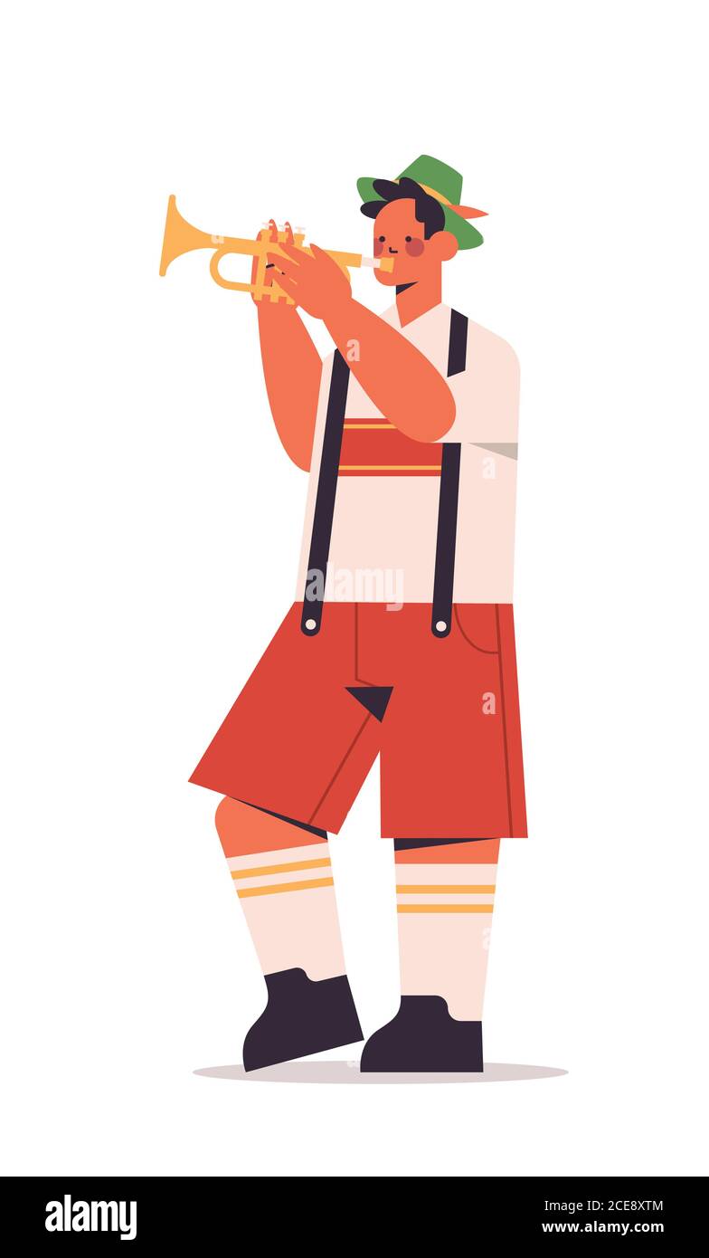 Musicista del più grande festival folk eseguire musica concetto di festa Oktoberfest uomo in abiti tradizionali tedeschi con divertimento a lunghezza intera isolato illustrazione vettoriale verticale Illustrazione Vettoriale