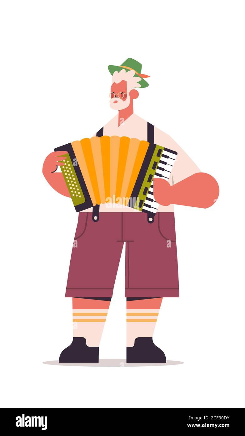 Il musicista che suona fisarmonica nel più grande festival folk suona la musica Oktoberfest party concept uomo in abiti tradizionali tedeschi divertirsi pieno illustrazione vettoriale verticale isolata in lunghezza Illustrazione Vettoriale