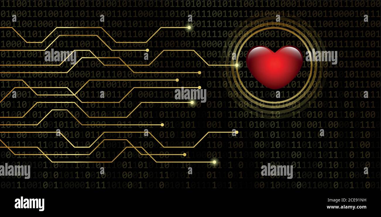 Cuore digitale su golden codice binario background online dating concetto illustrazione vettoriale EPS10 Illustrazione Vettoriale