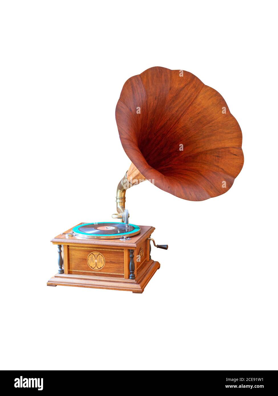 Fonografo antico (grammofono, lettore di dischi) isolato su sfondo bianco Foto Stock