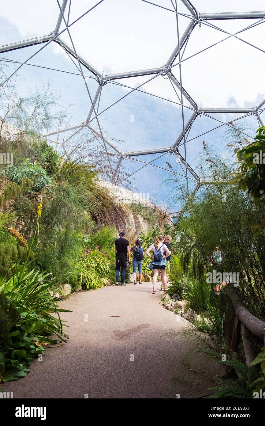 I visitatori camminano all'interno di un Biome al complesso di progetto Eden in Cornovaglia. Foto Stock
