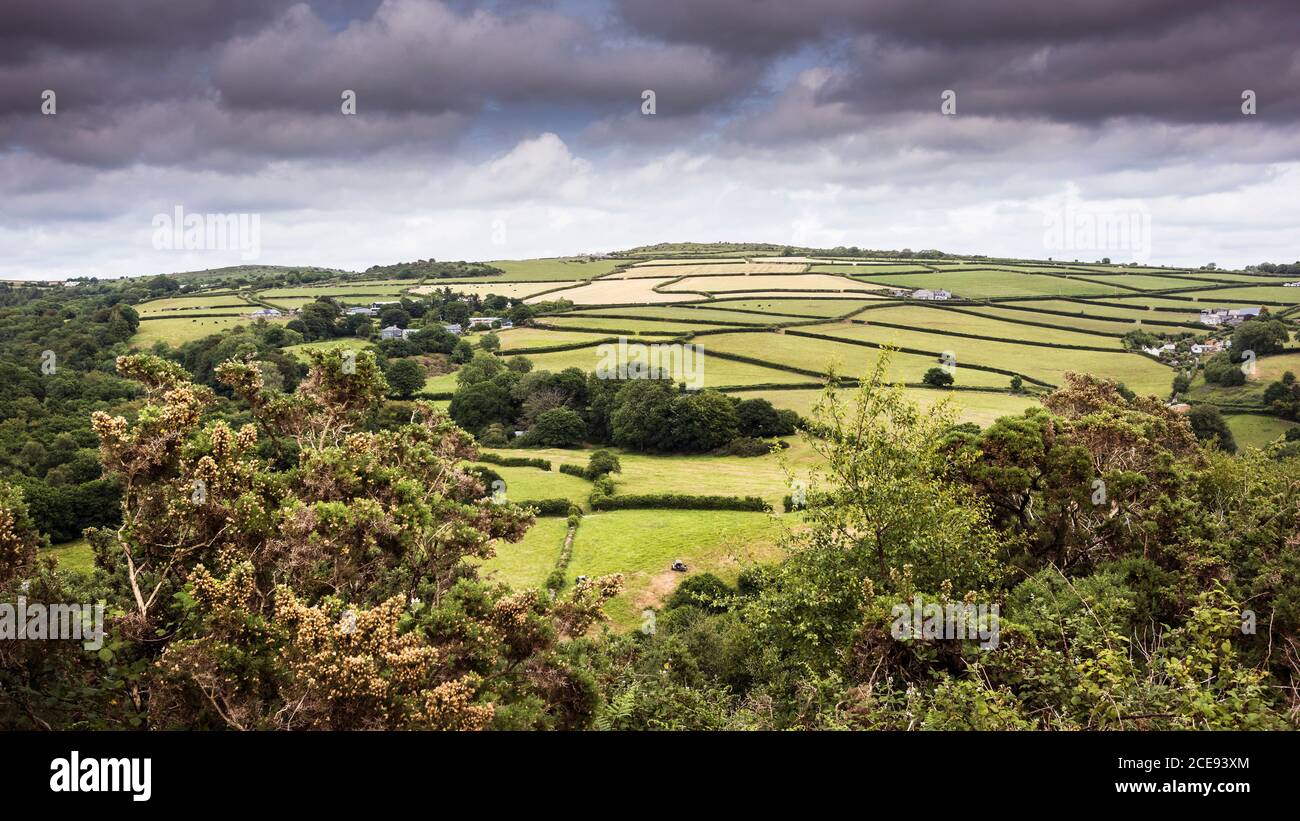 Una vista panoramica di un mosaico di campi su terreni agricoli in Cornovaglia. Foto Stock