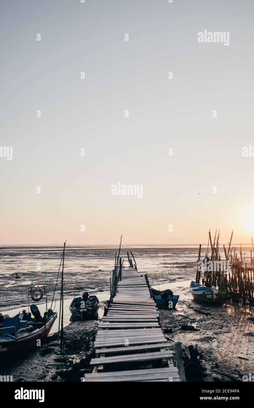 Vista prospettica del vecchio molo in legno sulla riva fangosa con barche ormeggiate alla luce del sole, Portogallo Foto Stock