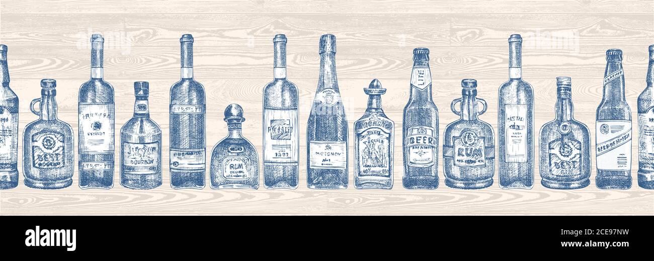 Disegno senza cuciture con vetri disegnati a mano bottiglia su fondo di legno bevande alcoliche vino, champagne, birra, whisky, rum, vodka, tequila Illustrazione Vettoriale