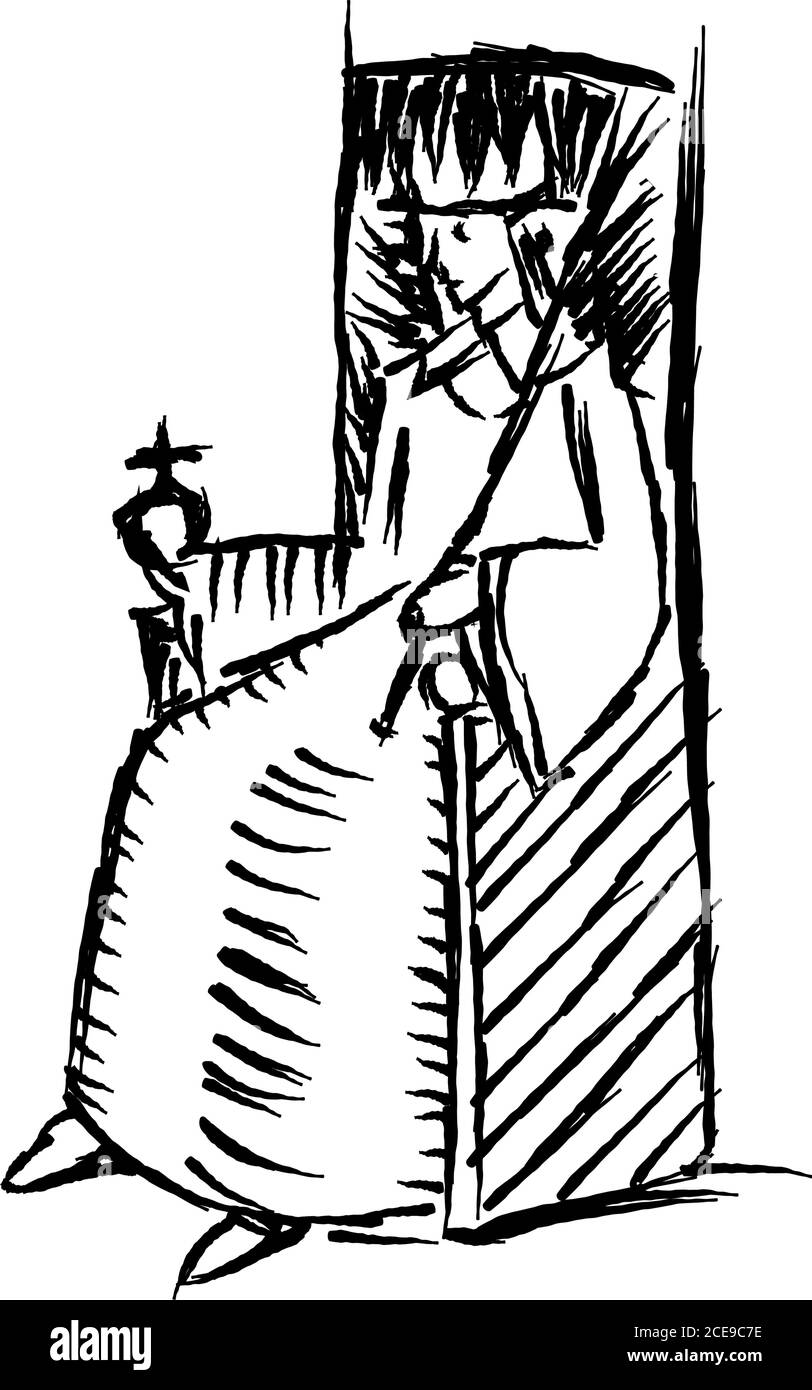 medievale, monarca - re seduto sul trono - illustrazione disegnata a mano Illustrazione Vettoriale
