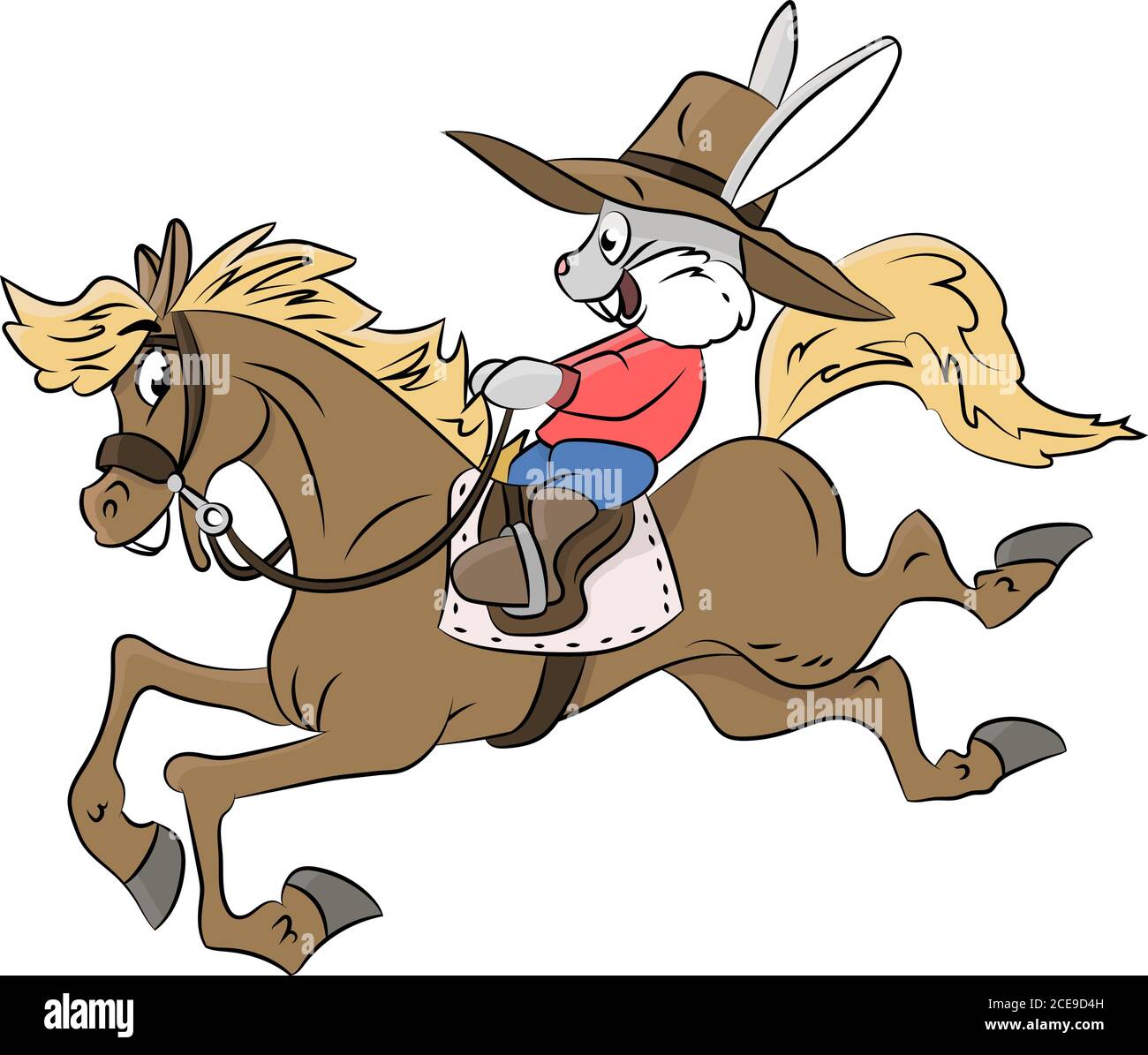 Cartone animato coniglio cowboy cavalcare un cavallo vettore illustrazione Illustrazione Vettoriale