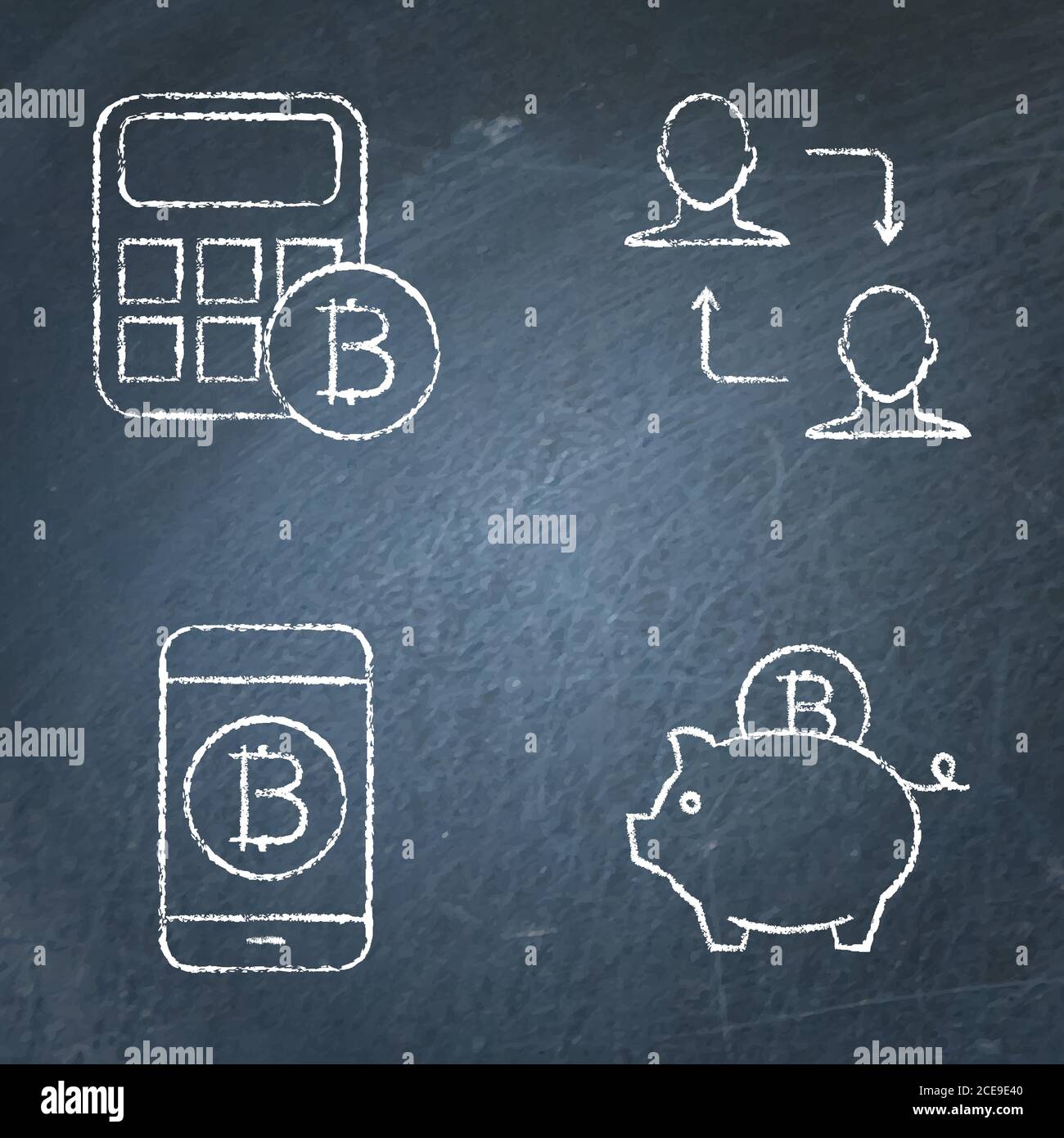 Icone della lavagna degli strumenti di transazione a criptovaluta. Calcolatrice Bitcoin, trasferimento p2p, banca piggy e simboli di pagamento mobile. Vettore illustrati Illustrazione Vettoriale