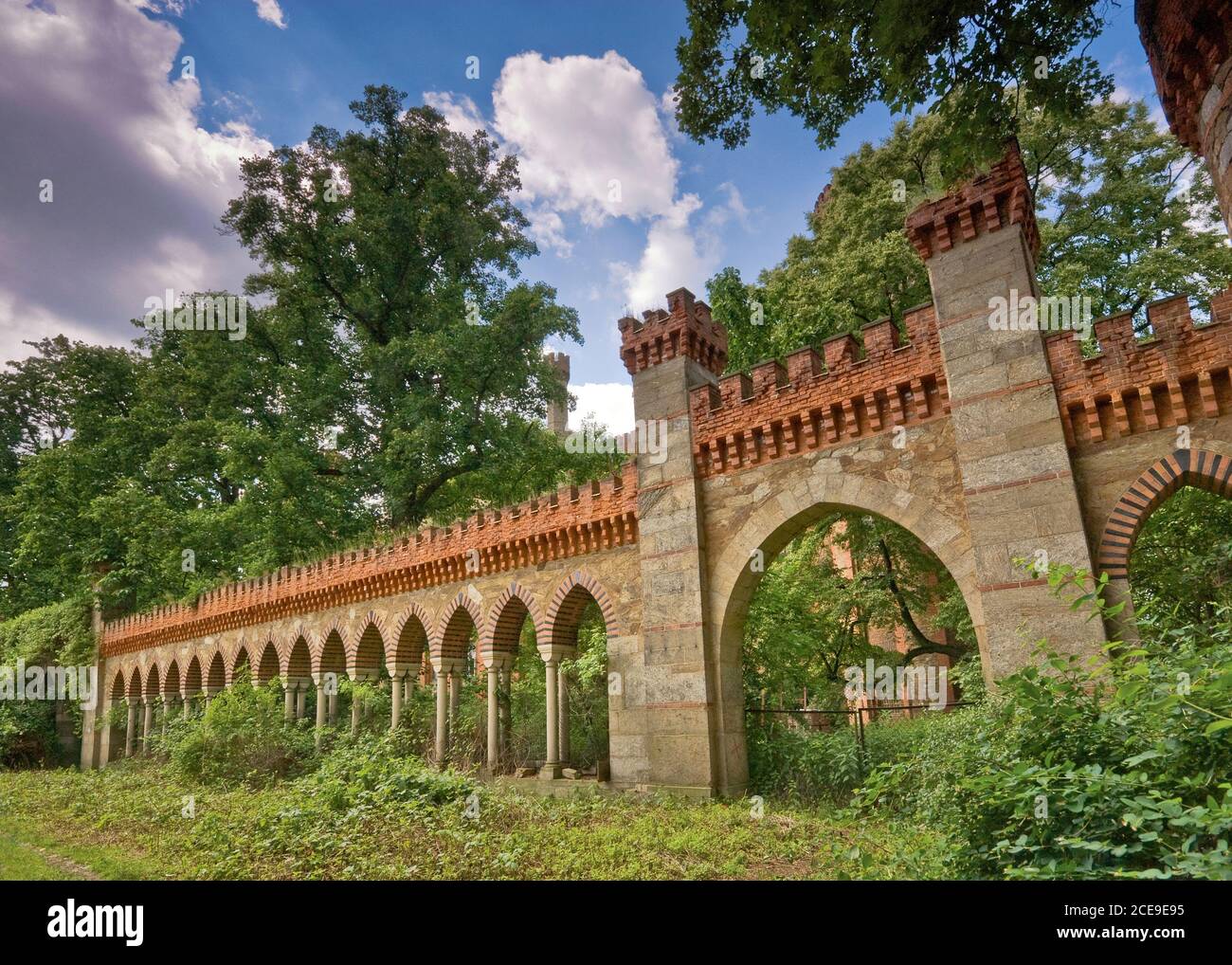 Porta neogotica, merellazioni e archi al Castello di Kamieniec Ząbkowicki nella bassa Slesia, Polonia Foto Stock