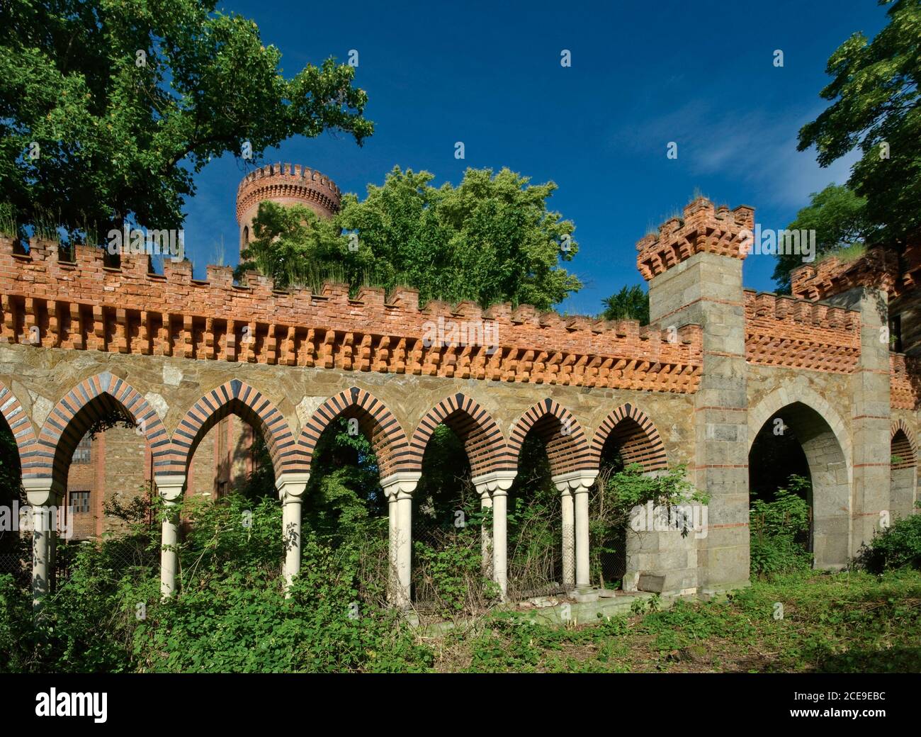 Porta neogotica, merellazioni e archi al Castello di Kamieniec Ząbkowicki nella bassa Slesia, Polonia Foto Stock