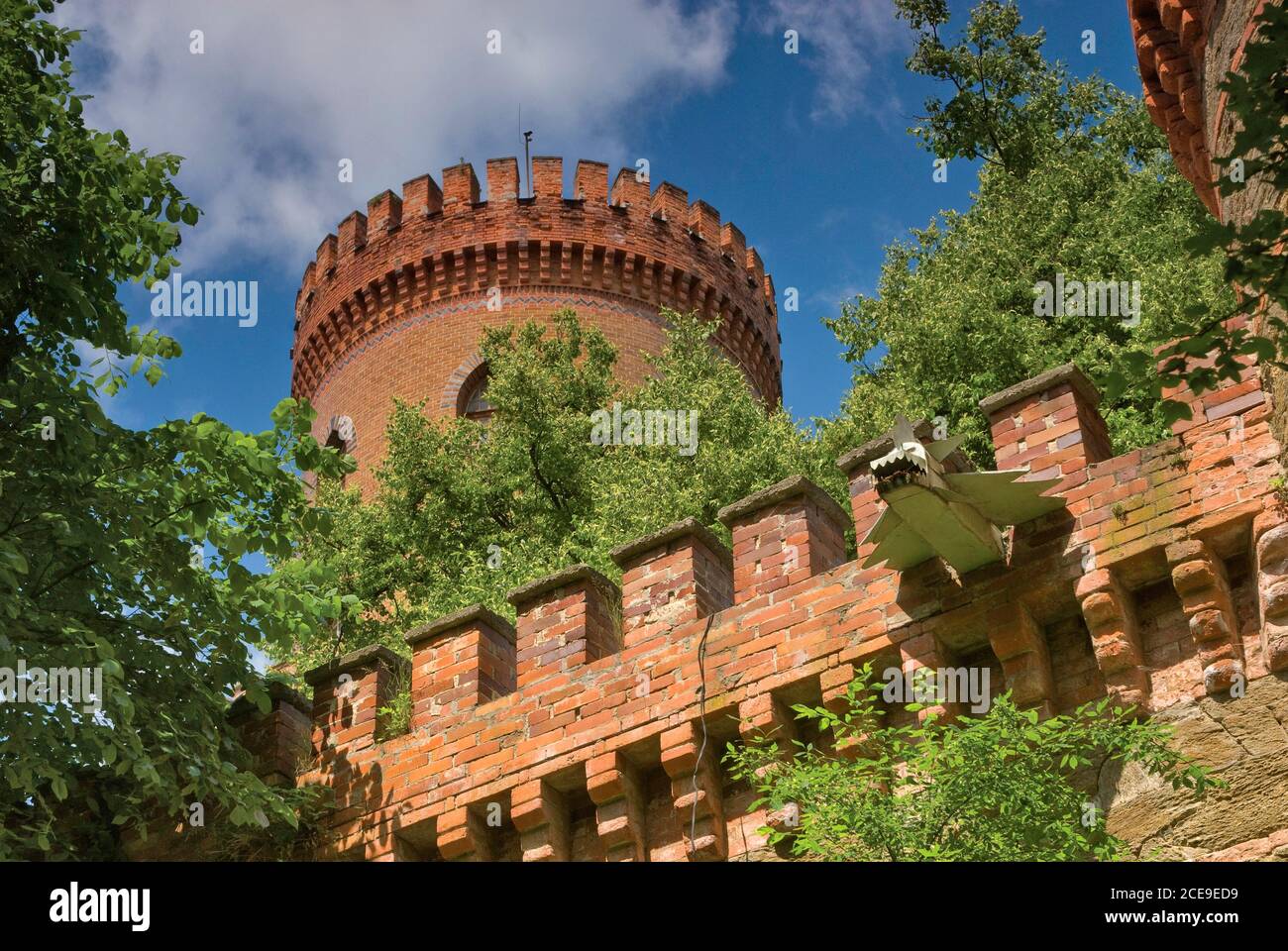 Torre merlata e muro, gargoyle, al Castello di Kamieniec Ząbkowicki nella bassa Slesia, Polonia Foto Stock