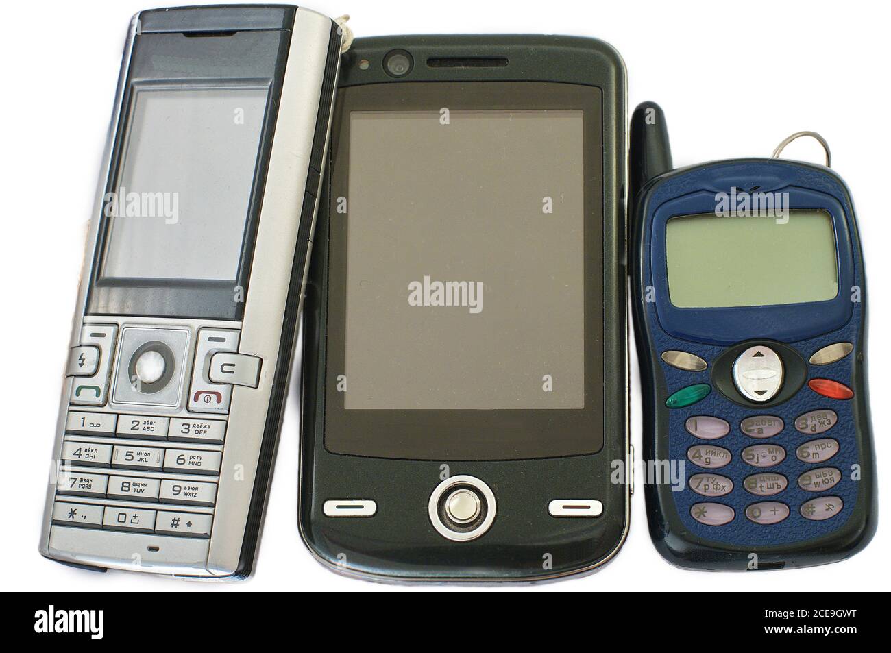 tre vecchi telefoni cellulari Foto Stock