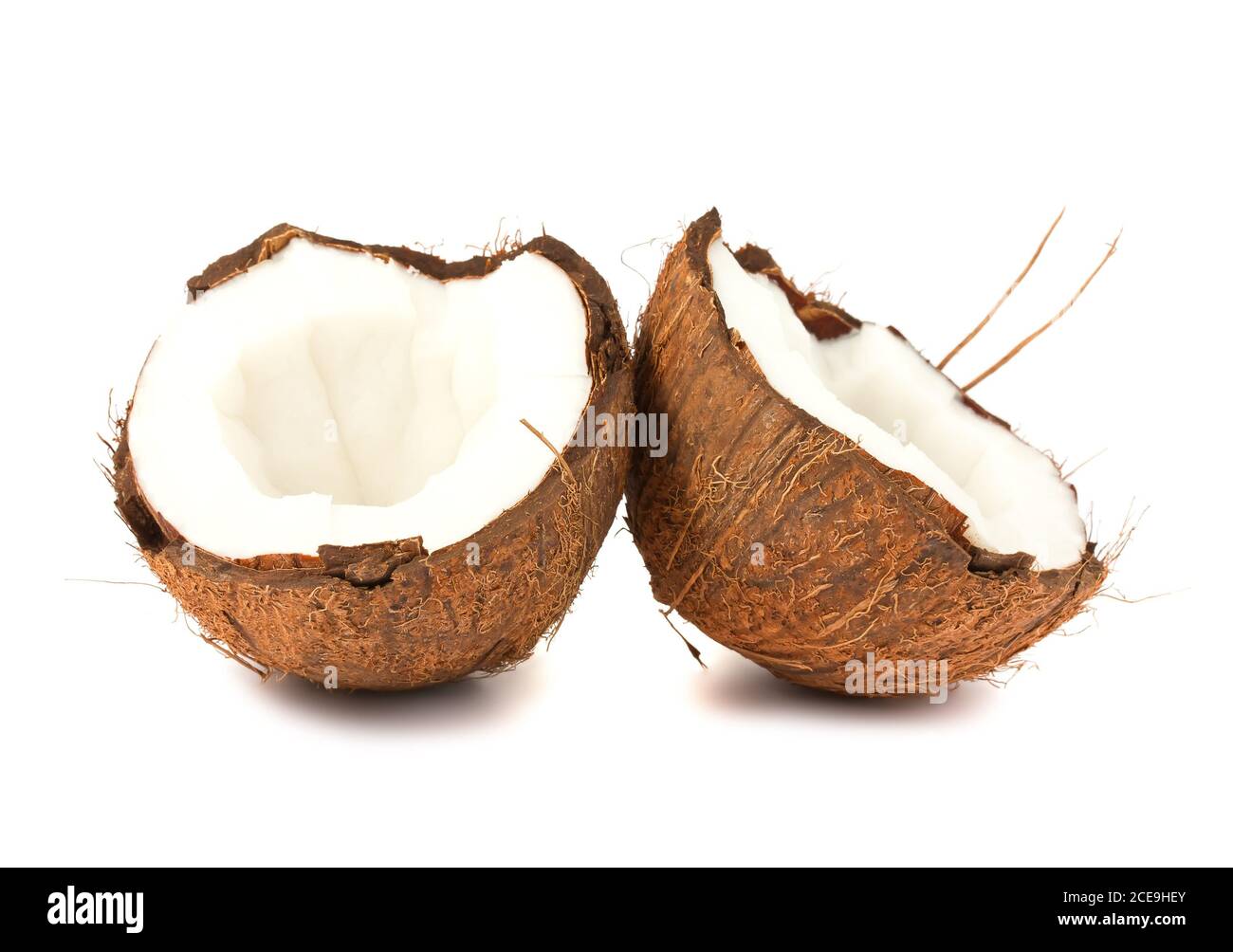 Due metà di noce di cocco su sfondo bianco Foto Stock