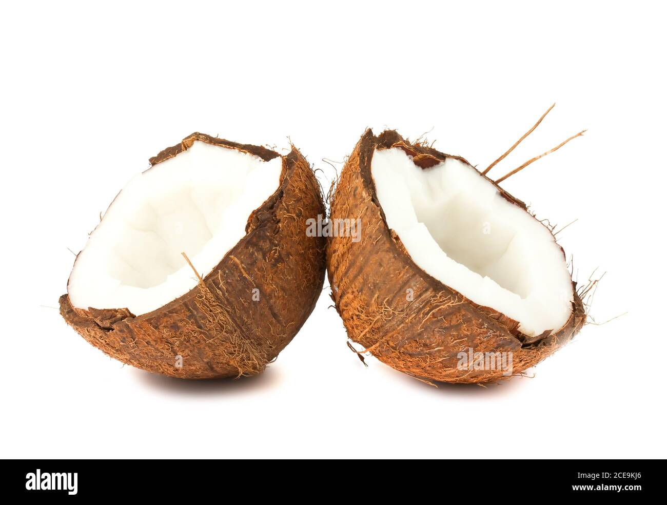 Due metà di noce di cocco su sfondo bianco Foto Stock