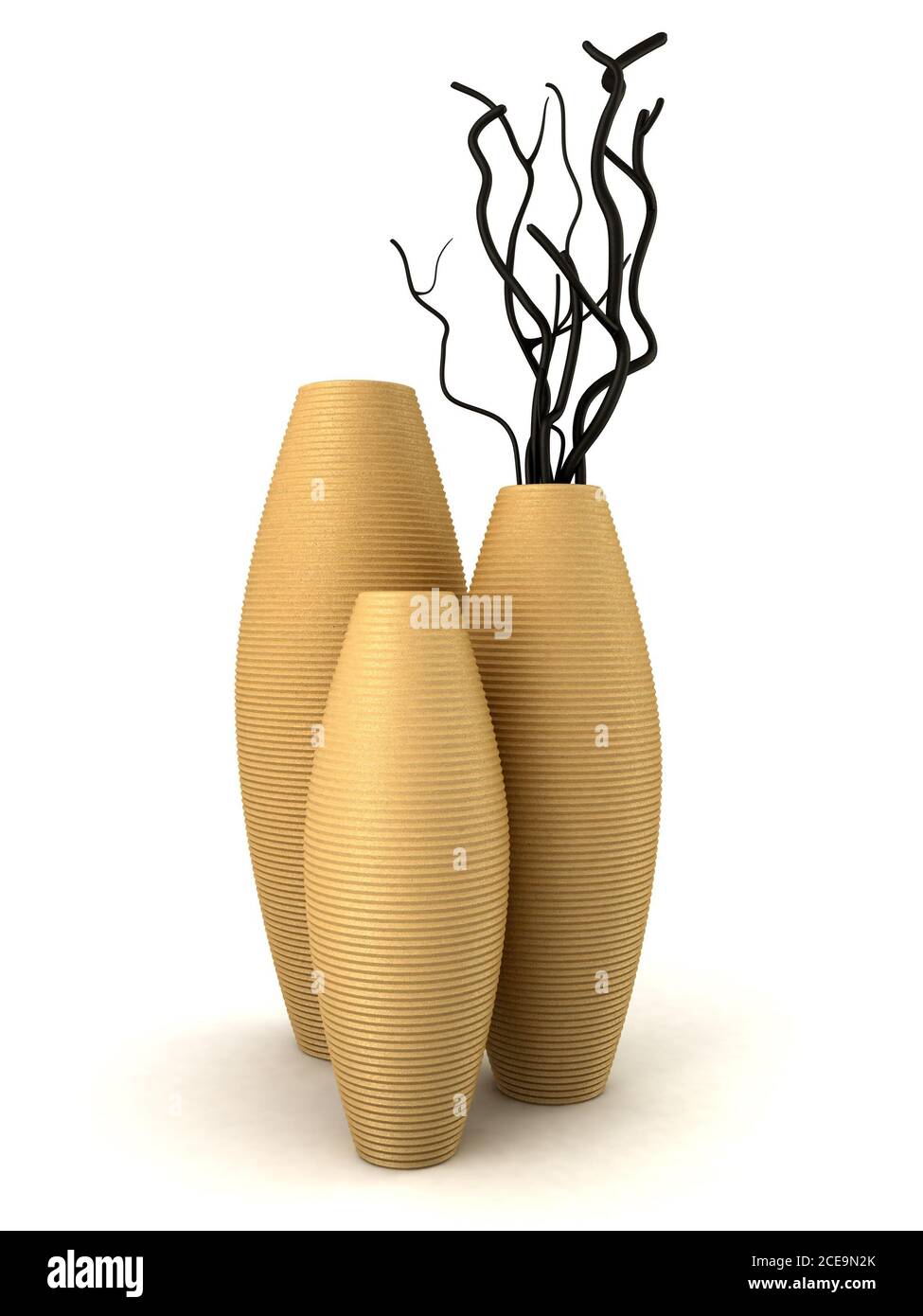 Tre vasi marrone con legno secco isolato su bianco Foto Stock