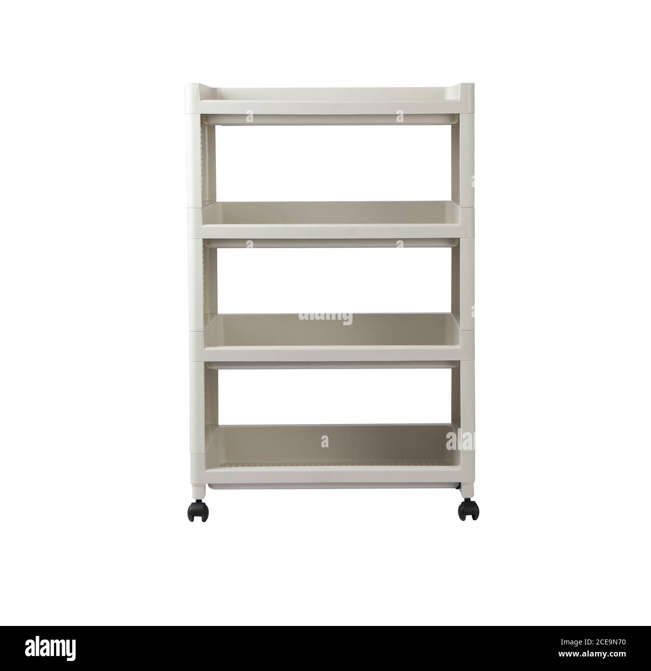 Scaffale in plastica con ruote isolate su sfondo bianco Foto Stock