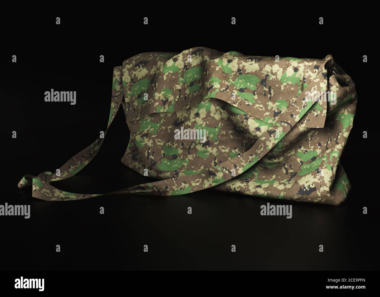 la moderna borsa a spalla alla moda è realizzata in materiale camouflage di stile militare. Isolato su illustri 3d neri Foto Stock