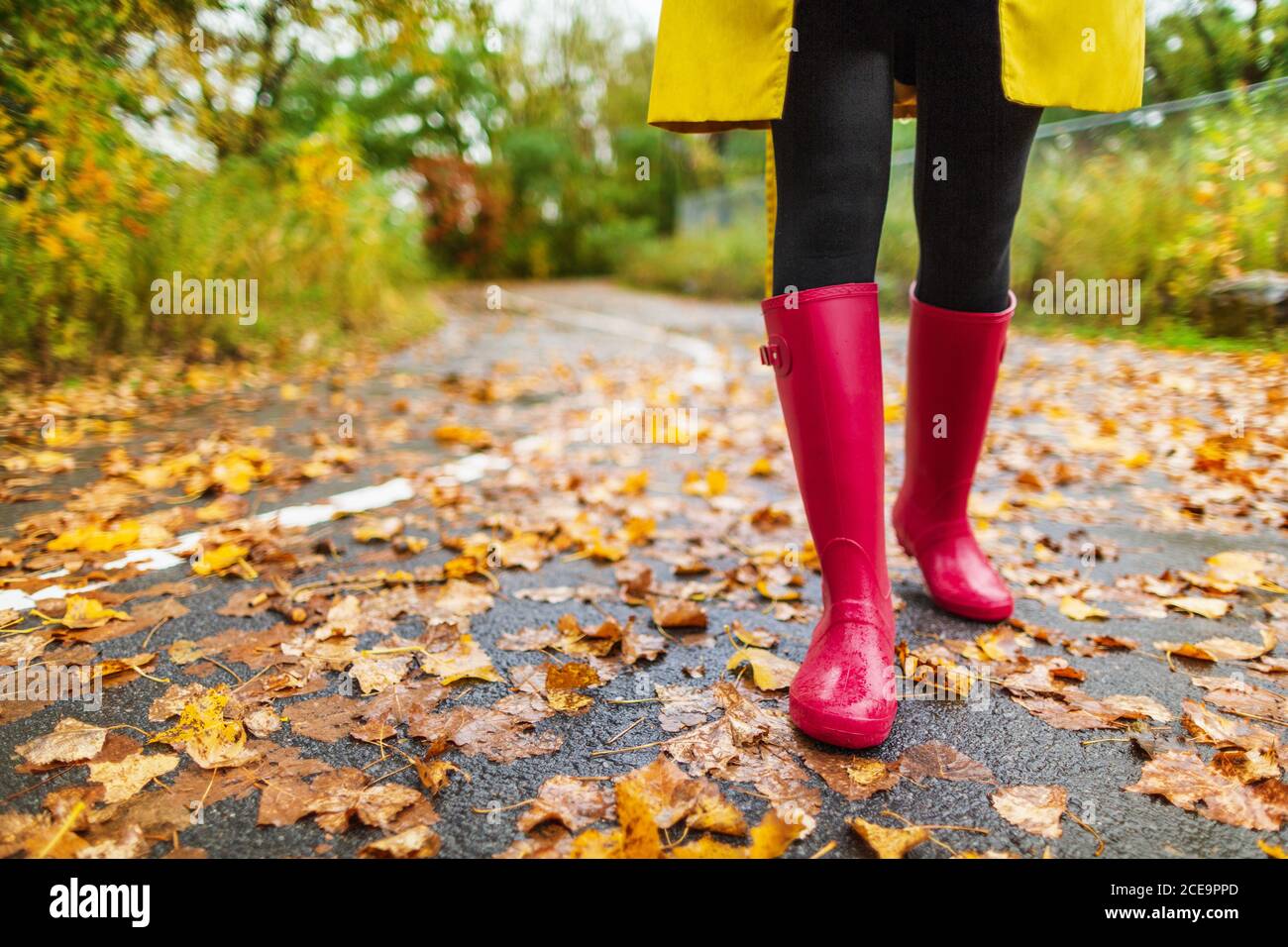 Autunno autunno città stile di vita foglie colorate e stivali da pioggia rosso piedi donna che camminano nel parco esterno Foto Stock