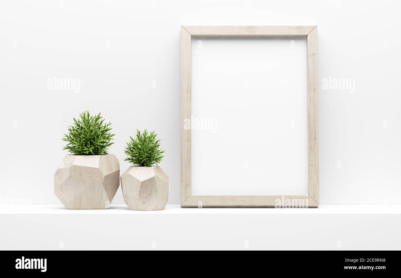 cornice in legno mock up e piante in vaso verde su ripiano bianco Foto Stock