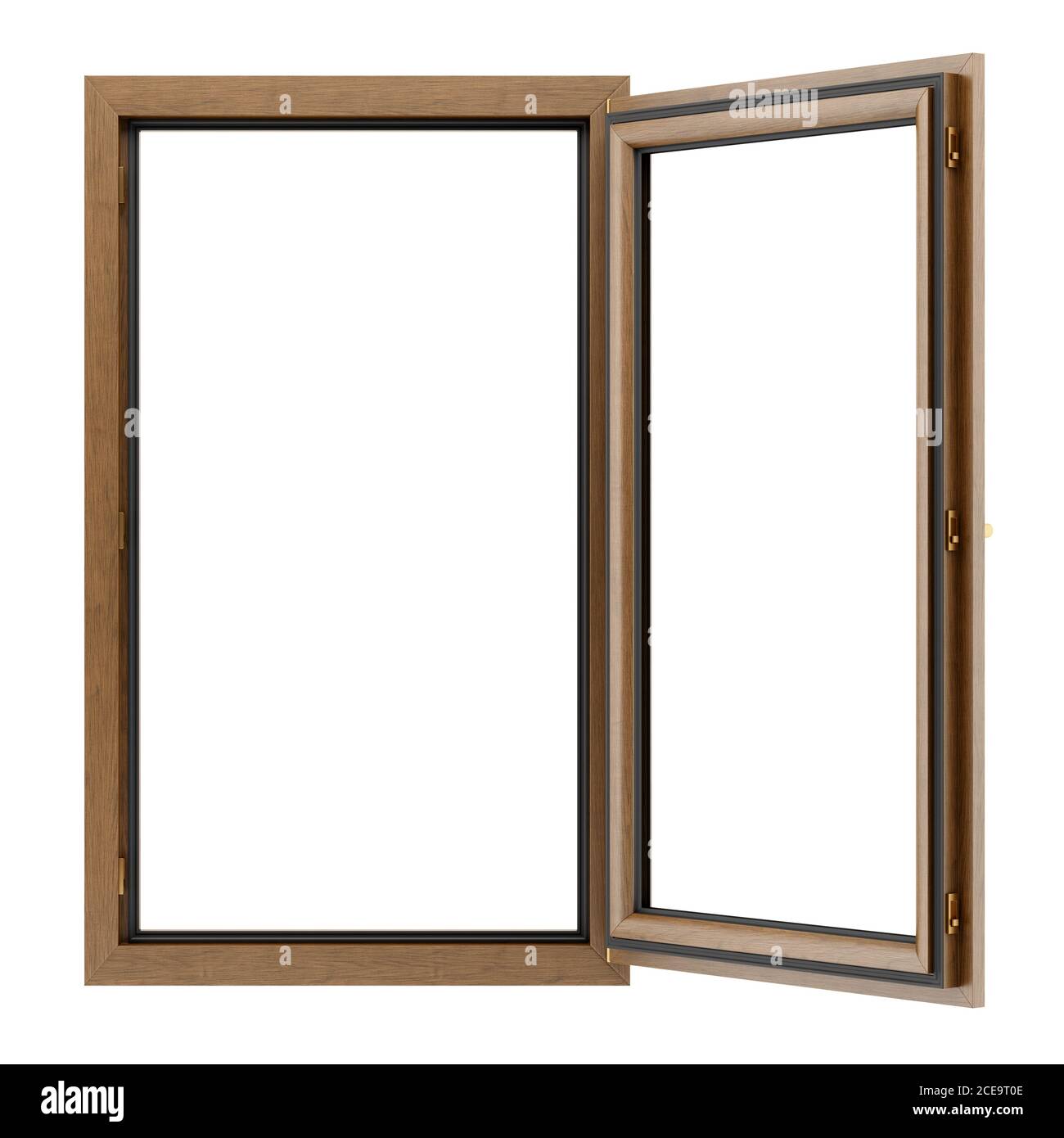 Aprire la finestra di legno isolato su sfondo bianco Foto Stock