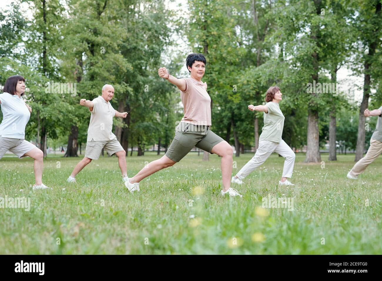 Allenatore energico di fitness che dà lezioni di aerobica a persone anziane in bellissimo parco Foto Stock