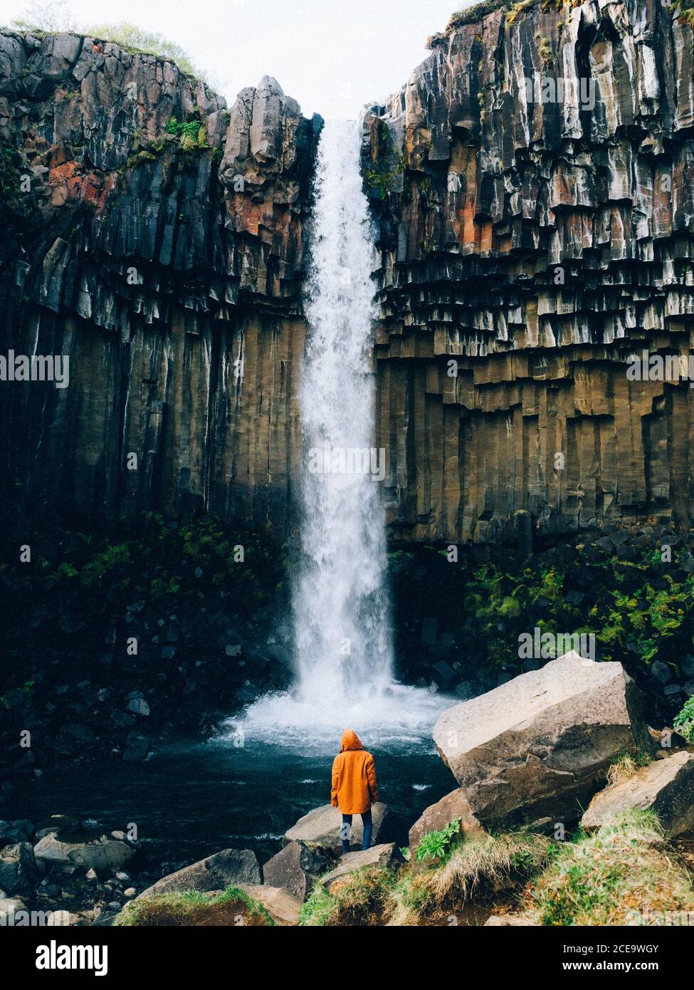 Vista posteriore di una persona irriconoscibile in giacca arancione contro la potente cascata. Islanda. Prodotto con FOTOCAMERA DIGITALE OLYMPUS Foto Stock