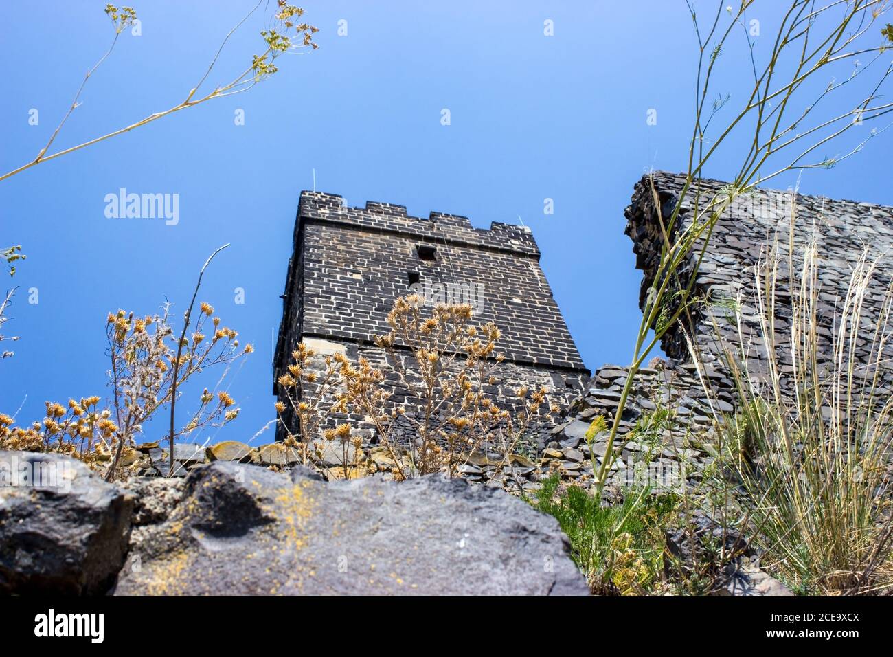 Ruines del castello di Hazmburk in cima alla cima della catena montuosa di ceske stredohori. Vista sulla torre bianca e le pareti. Foto Stock