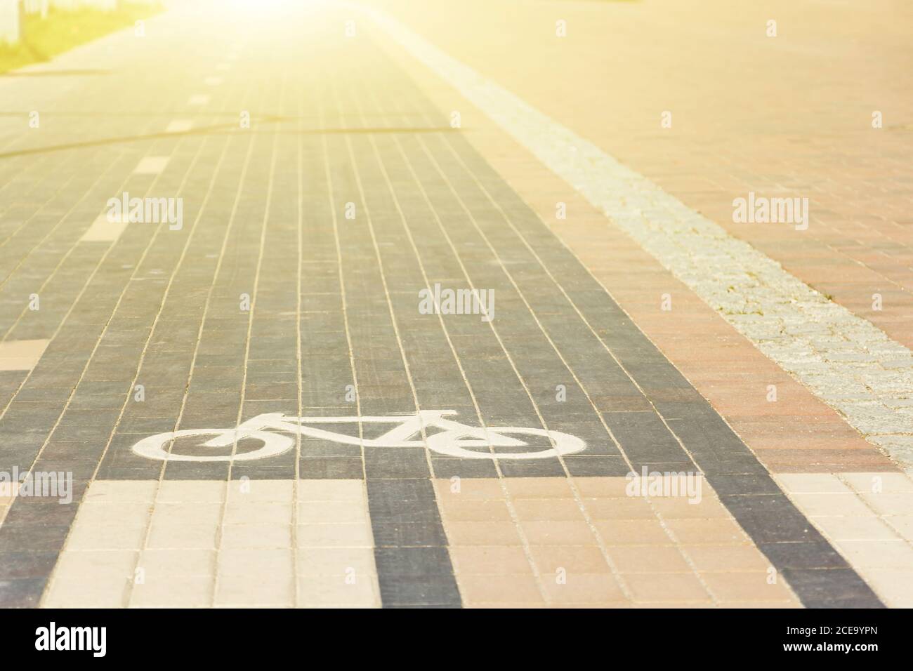 Cartello della bicicletta su una pista ciclabile contrassegnata da linee e separatore di corsia tratteggiato. Foto Stock