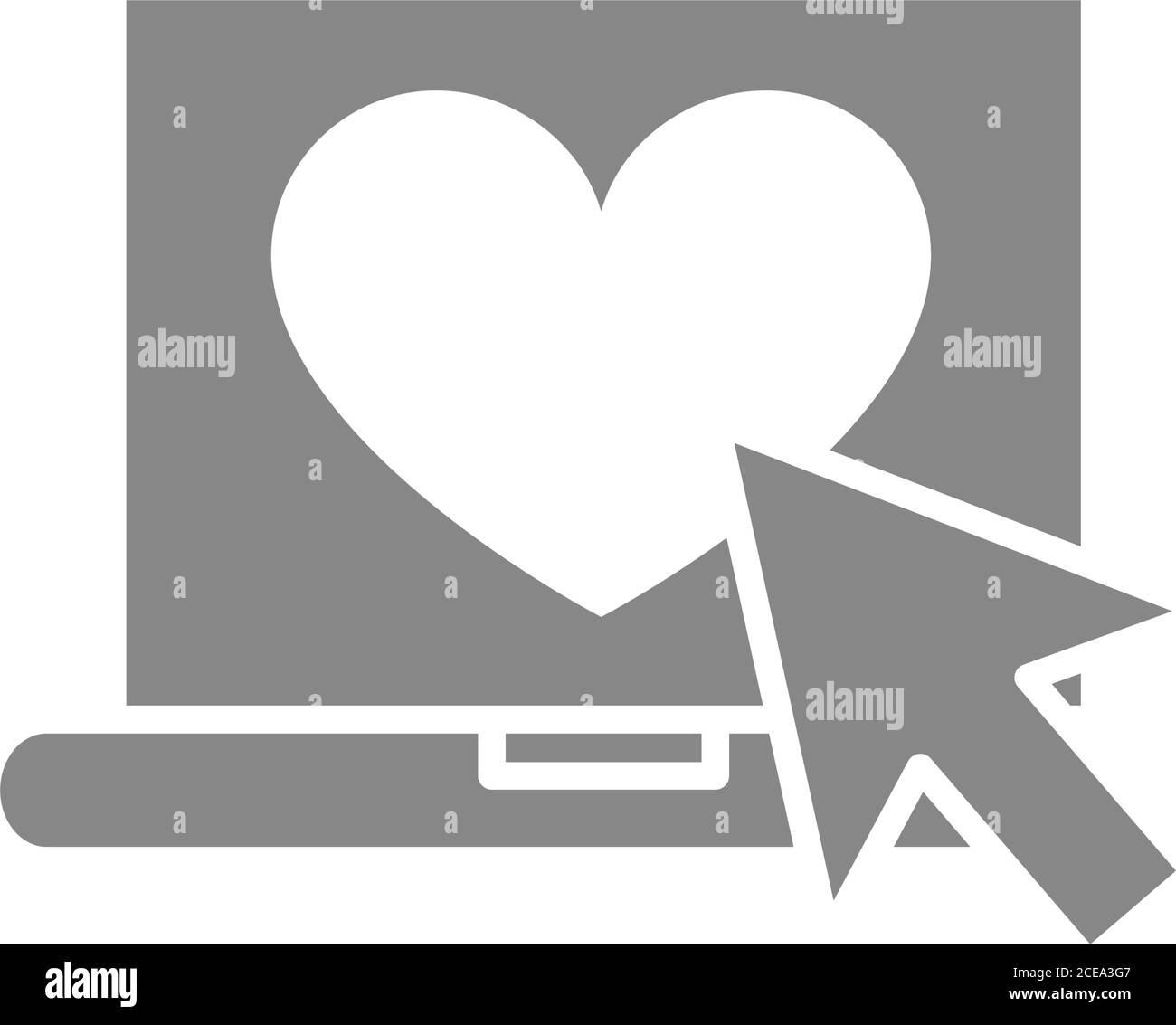 Computer portatile con cuore e icona grigia con freccia del cursore.simbolo di feedback positivo. Illustrazione Vettoriale