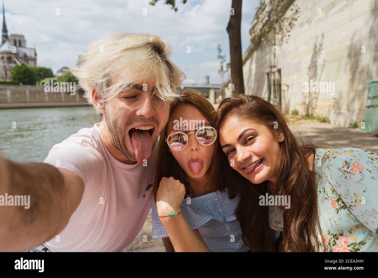 Amici felici che fanno selfie insieme Foto Stock