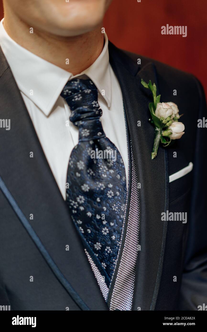 Crop uomo in elegante abito da sposo con cravatta ornamentale e. bianco boutonniere Foto Stock
