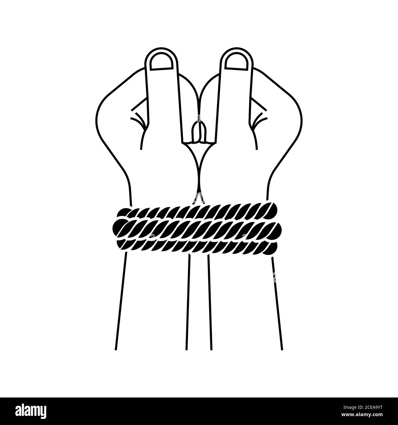 Mani legate simbolo di violenza e bullismo. Segno illegalità e tortura Illustrazione Vettoriale