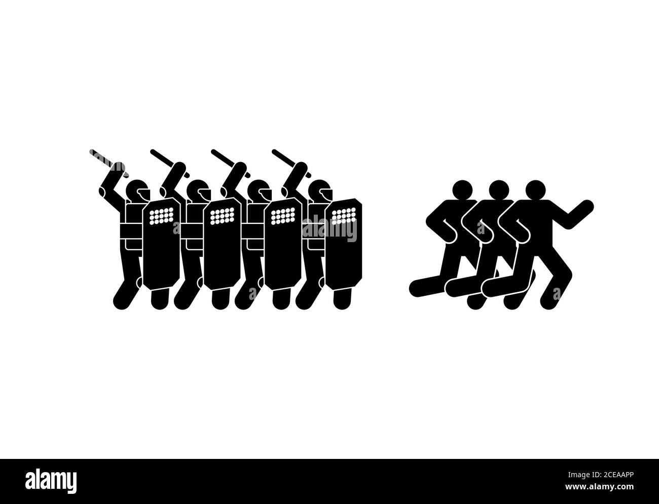 Polizia e manifestanti in rivolta. Segno proteste di strada. Impedire il rovesciamento della potenza di stato. Dimostrazione, simbolo di protesta Illustrazione Vettoriale