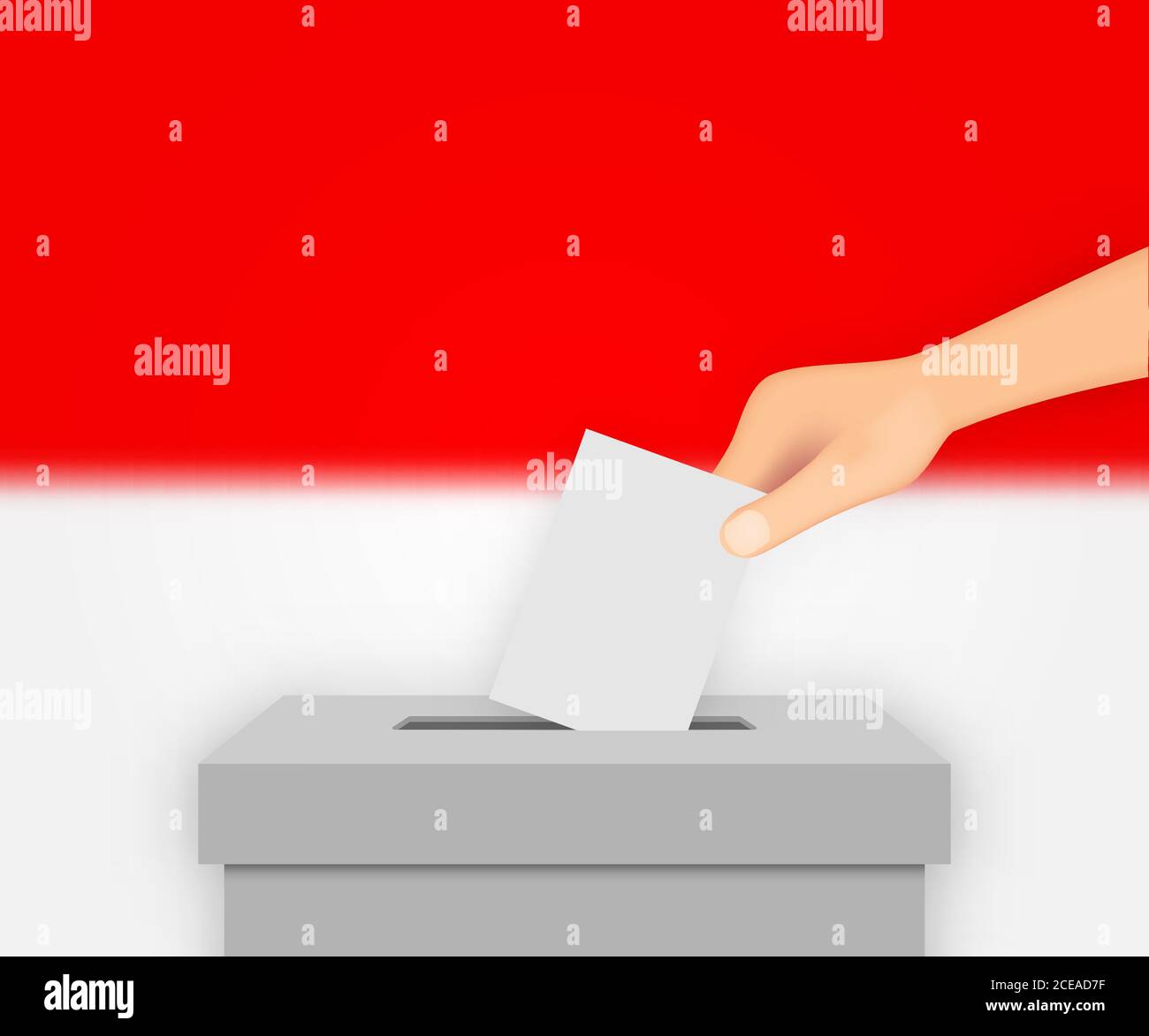 Indonesia vota sfondo banner elettorale. BALLot Box con bandiera sfocata Illustrazione Vettoriale
