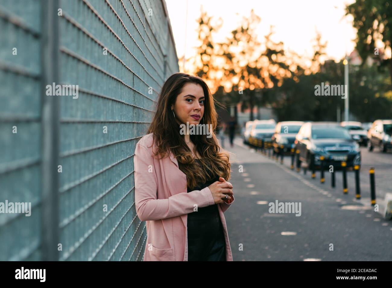 Bella signora felice affascinante che va sulla strada vicino alle auto Foto Stock