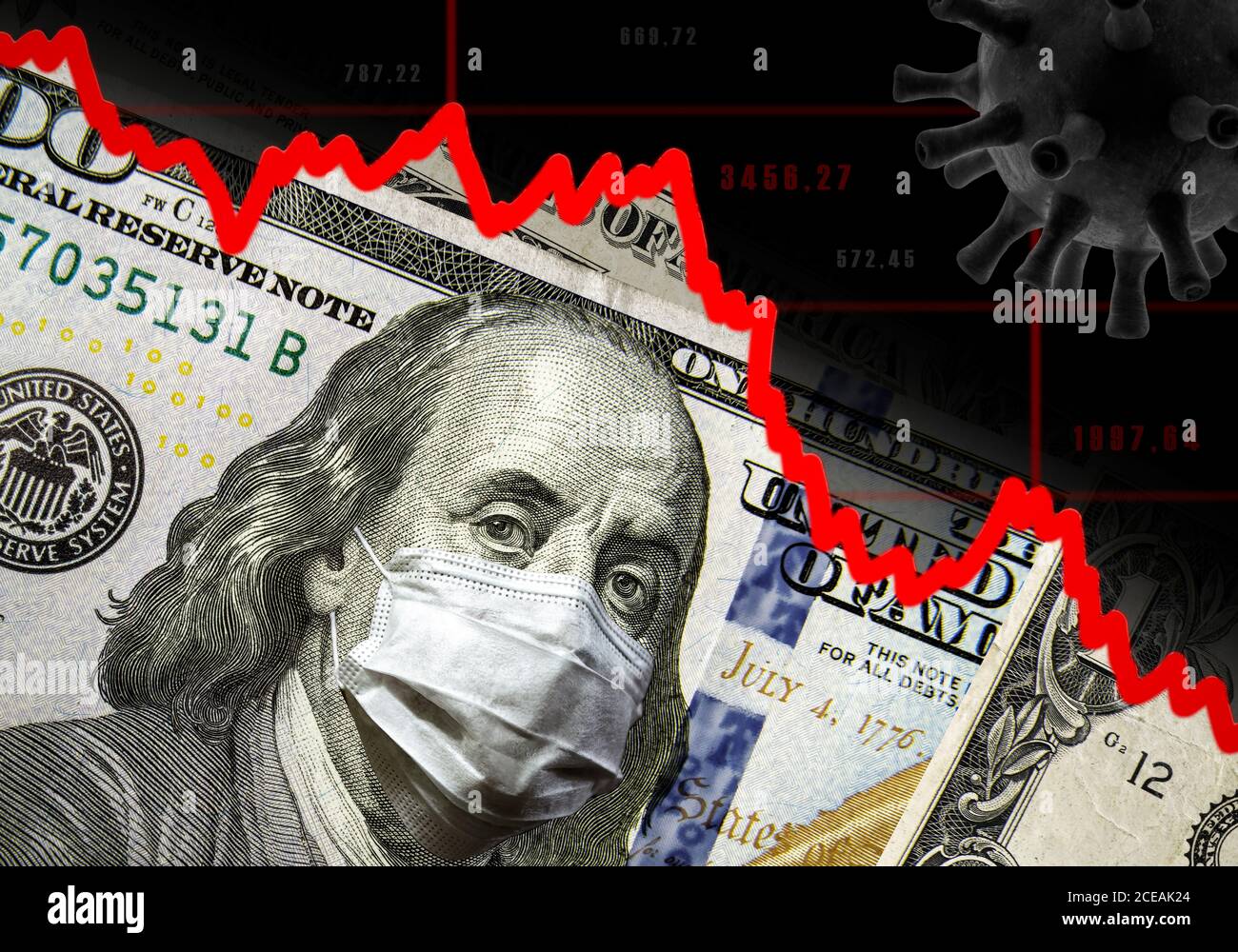 COVID-19 impatto sul business, il denaro in dollari e grafico del crollo del mercato azionario durante la pandemia di coronavirus. Crisi finanziaria globale dovuta al coronavirus per Foto Stock