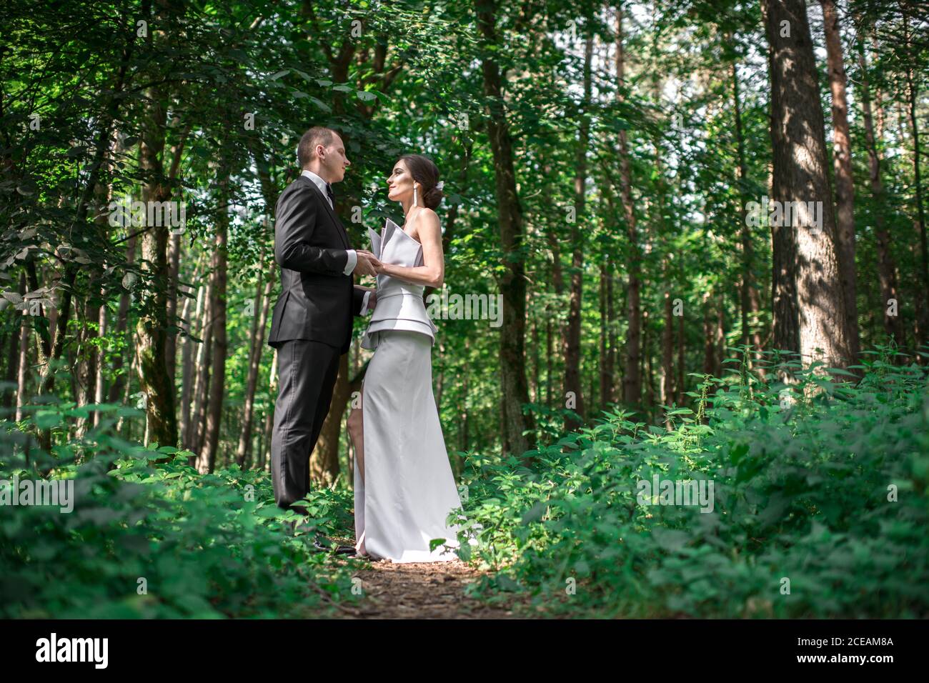Coppia sposata che si guarda l'un l'altro nella foresta Foto Stock