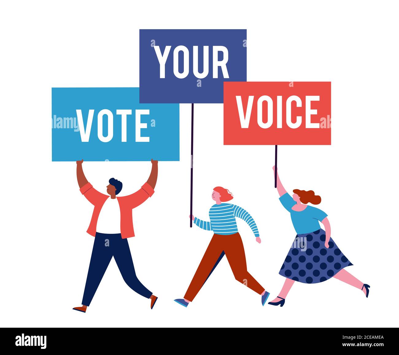Gruppo di persone, camminando con bandiere alle elezioni. Folla di donne e uomini in una dimostrazione. Concetto di campagna elettorale, vettore di tema di voto Illustrazione Vettoriale