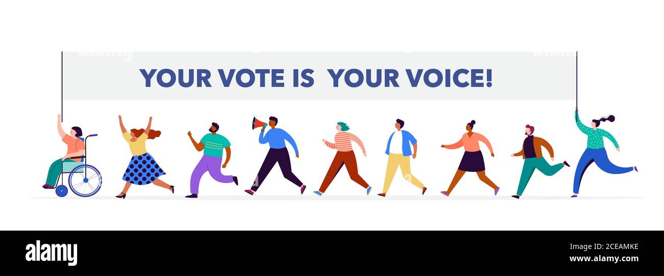 Gruppo di persone, camminando con bandiere alle elezioni. Folla di donne e uomini in una dimostrazione. Concetto di campagna elettorale, vettore di tema di voto Illustrazione Vettoriale