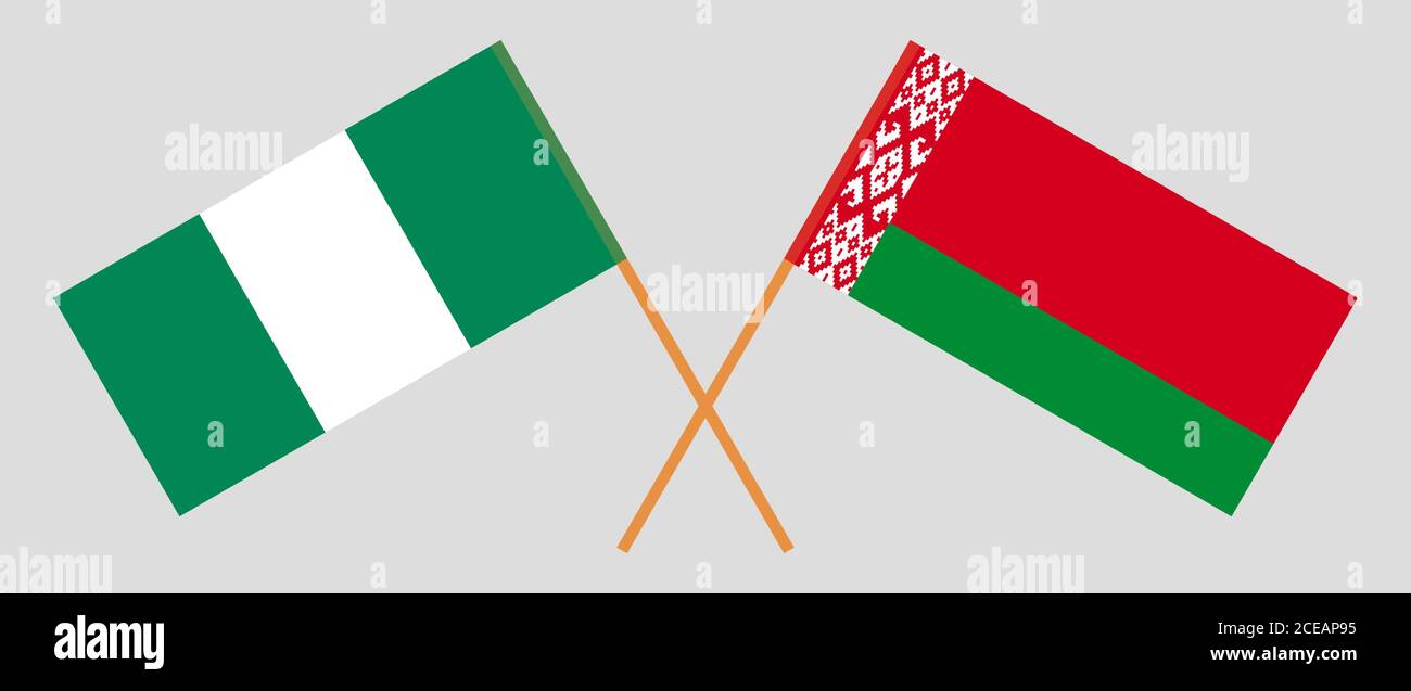 Bandiere incrociate di Bielorussia e Nigeria. Colori ufficiali. Proporzione corretta. Illustrazione vettoriale Illustrazione Vettoriale