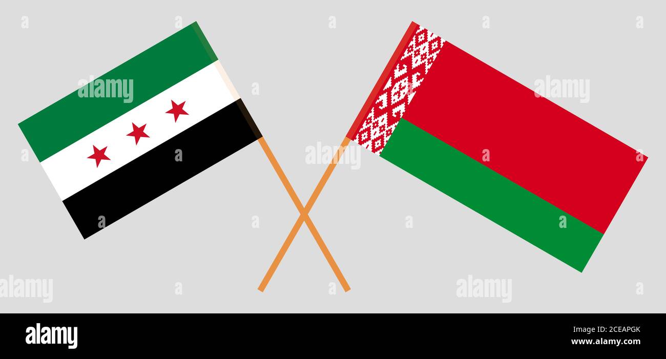 Bandiere incrociate della Bielorussia e del governo ad interim della Siria. Colori ufficiali. Proporzione corretta. Illustrazione vettoriale Illustrazione Vettoriale