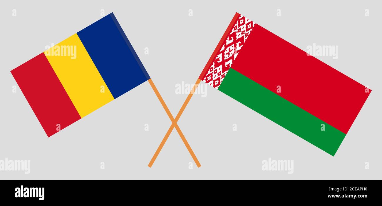 Bandiere incrociate di Bielorussia e Romania. Colori ufficiali. Proporzione corretta. Illustrazione vettoriale Illustrazione Vettoriale