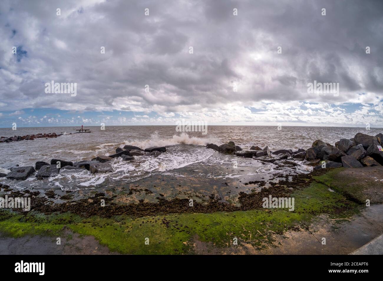 Ness Point e il Mare del Nord a Lowestoft, Suffolk, Regno Unito. Il punto più orientale dell'Inghilterra. Foto Stock